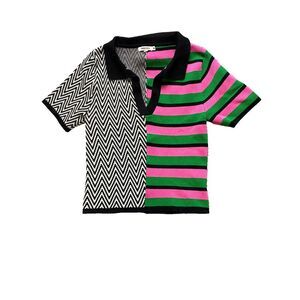 Immodel Shirt Youth Medium Black Pink Chevron‎ Stripes Rayon Collared Polo Girls